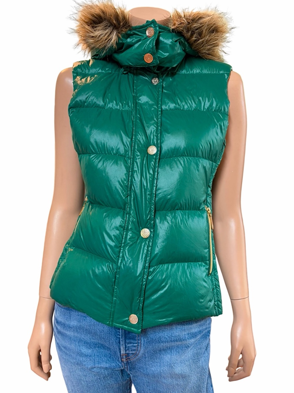 Vince Camuto Emerald Green Duck Down Puffer Vest Detachable Faux Fur Hood M NWOT